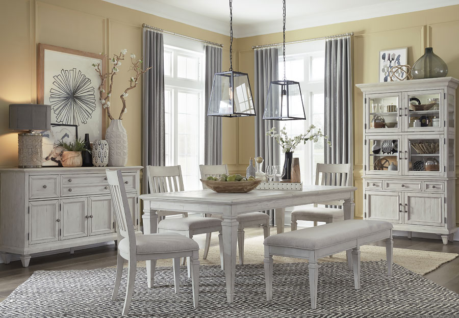 Magnussen Newport Rectangular Dining Table with Four Upholstered Side Chairs and Bench with Storage