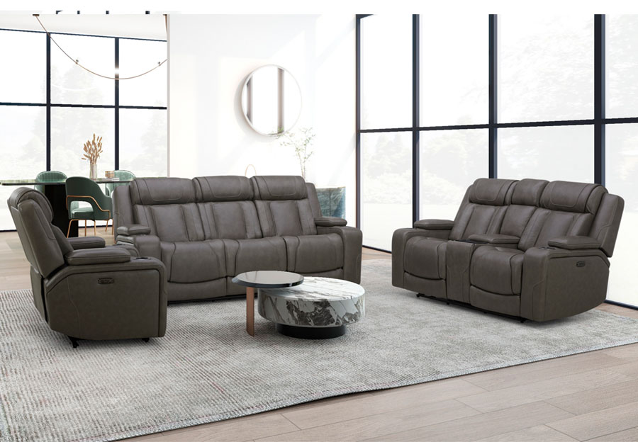 Kuka Jet Transformer Grey Leather Match Dual Power Reclining Sofa and Reclining Console Loveseat