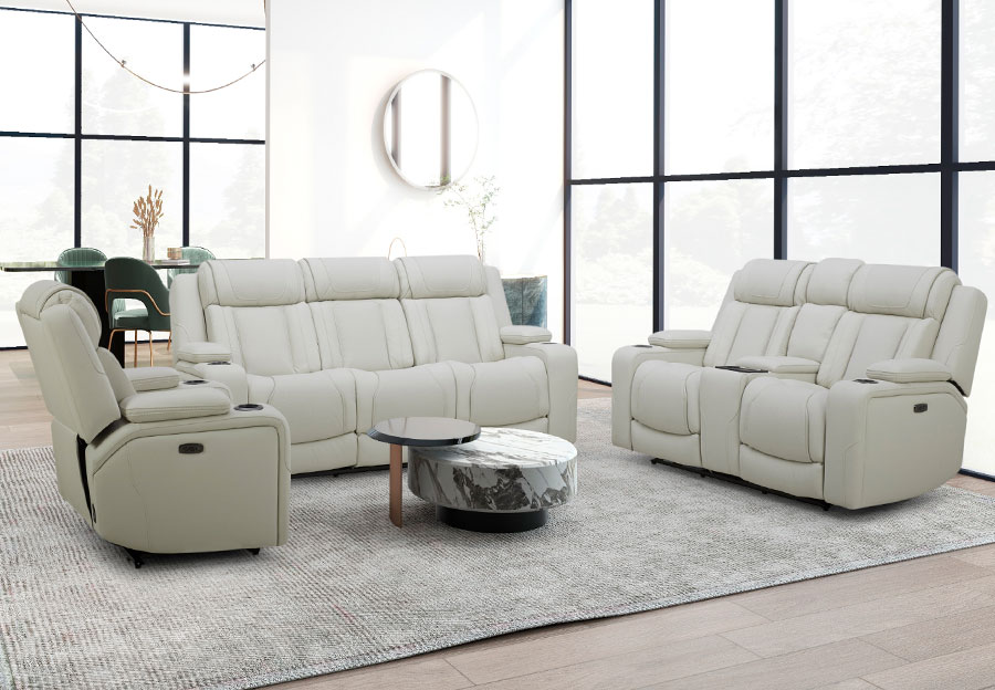 Kuka Jet Transformer Pearl Leather Match Dual Power Reclining Sofa and Reclining Console Loveseat