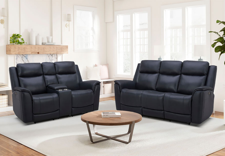 Kuka Largo Navy Leather Match Dual Power  Reclining Sofa and Reclining Console Loveseat