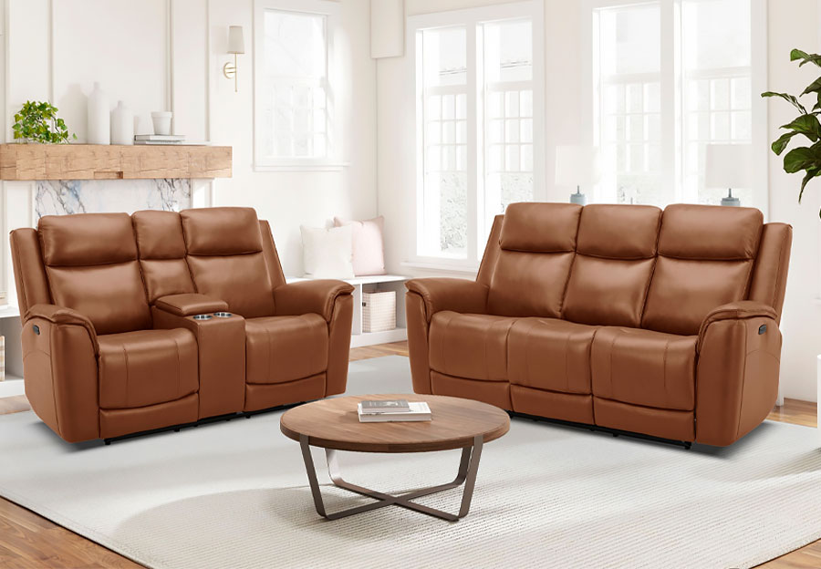 Kuka Largo Saddle Leather Match Dual Power Reclining Sofa and Reclining Console Loveseat