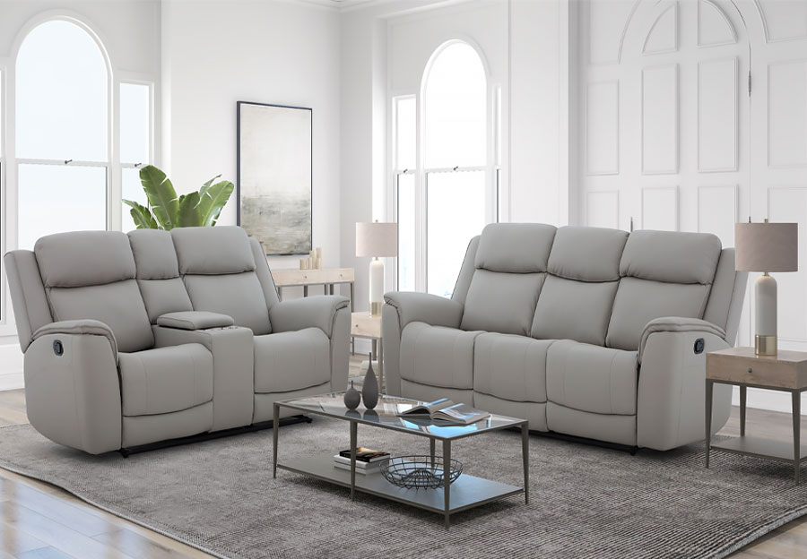 Kuka Largo Light Grey Leather Match Dual Power Reclining Sofa and Reclining Console Loveseat