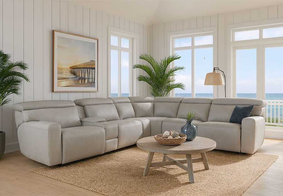 Cheers Nash Stone Two Seat Dual Power Reclining Leather Match Sectional with Storage Console