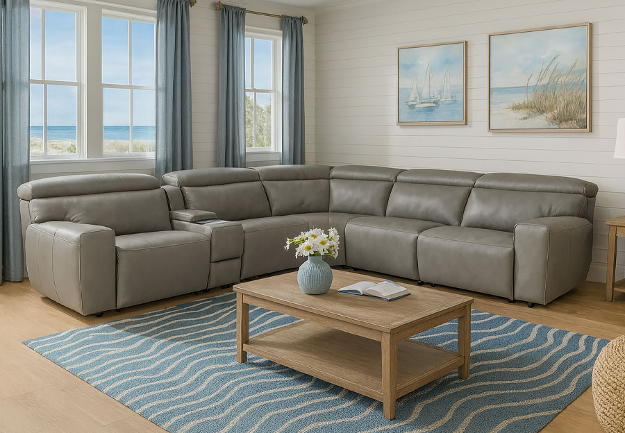 Cheers Nash Smoke Three Seat Dual Power Reclining Leather Match Sectional with Storage Console