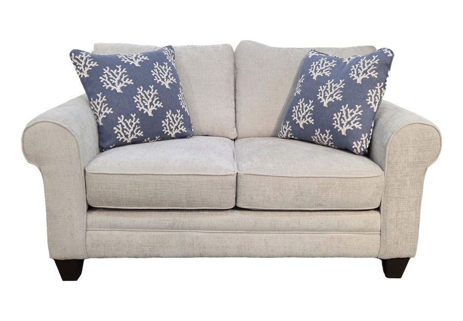 Fusion Wowza Loveseat Sofa with Coral Sand Navy and Sea Groovy Navy Accent Pillows