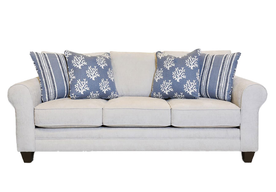 Fusion Wowza Sand Sofa with Coral Sand Navy and Sea Groovy Navy Accent Pillows