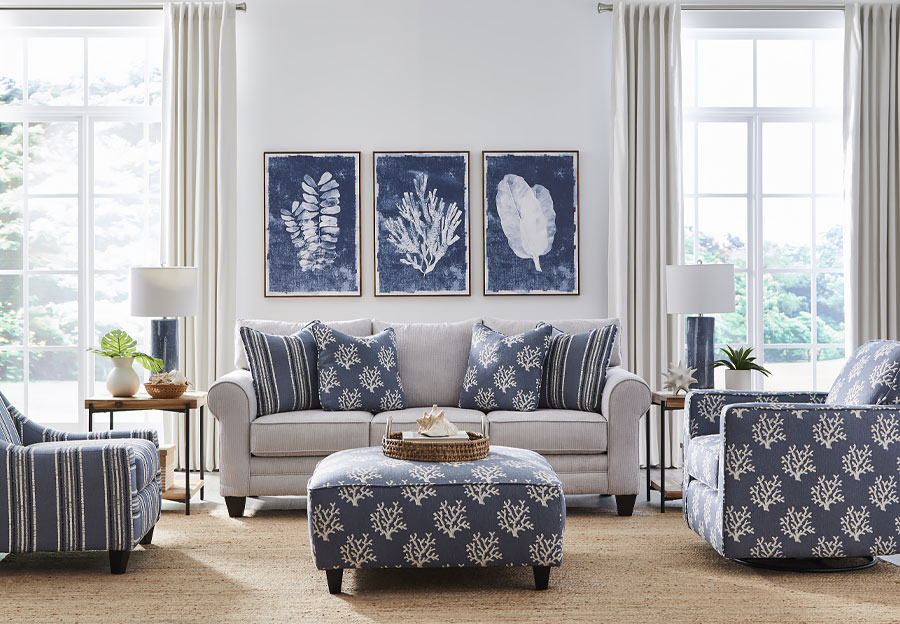 Fusion Wowza Sleeper Sofa with Coral Sand Navy and Sea Groovy Navy Accent Pillows