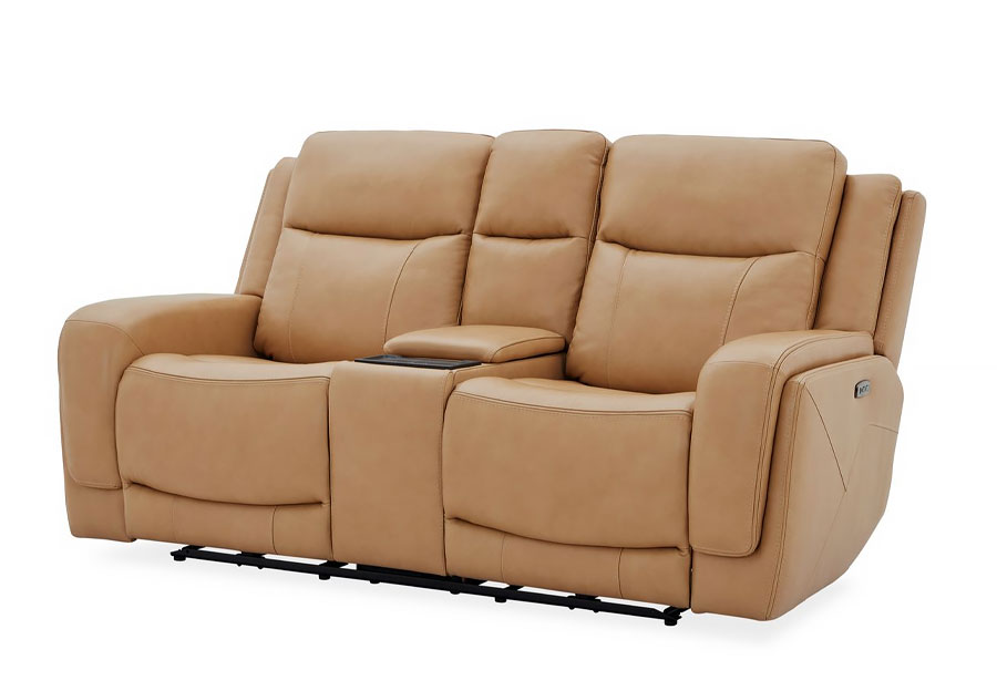 Kuka Zenith Sand Leather Match Dual Power Reclining Console Loveseat with Immersive Sound