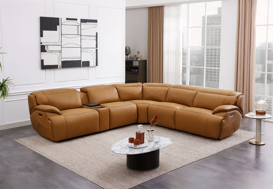 Cheers Regis Camel Three Seat Dual Power Reclining Leather Match Sectional with Built-in Fridge Console