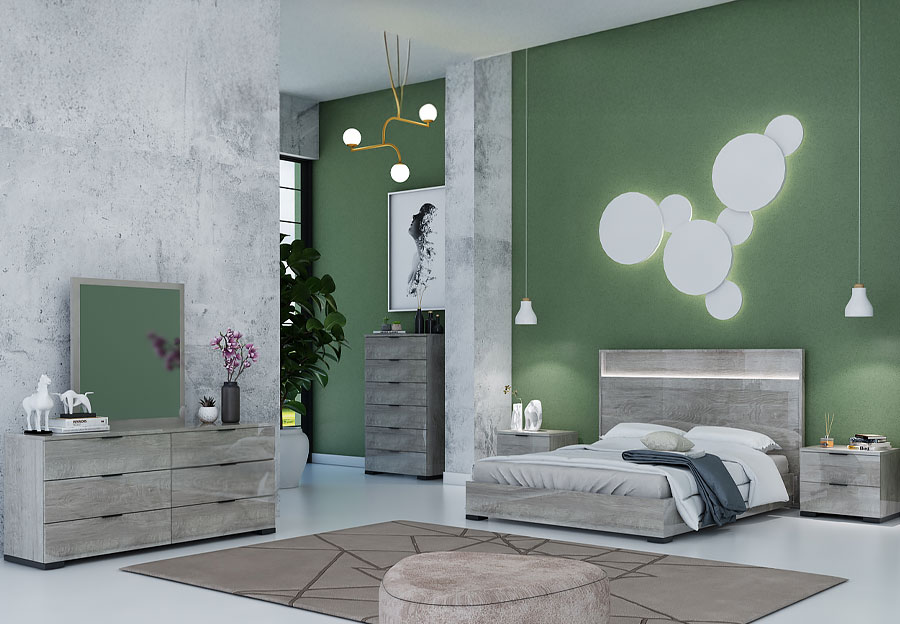 NCA Design Monaco Glossy Grey King Bed, Dresser and Mirror