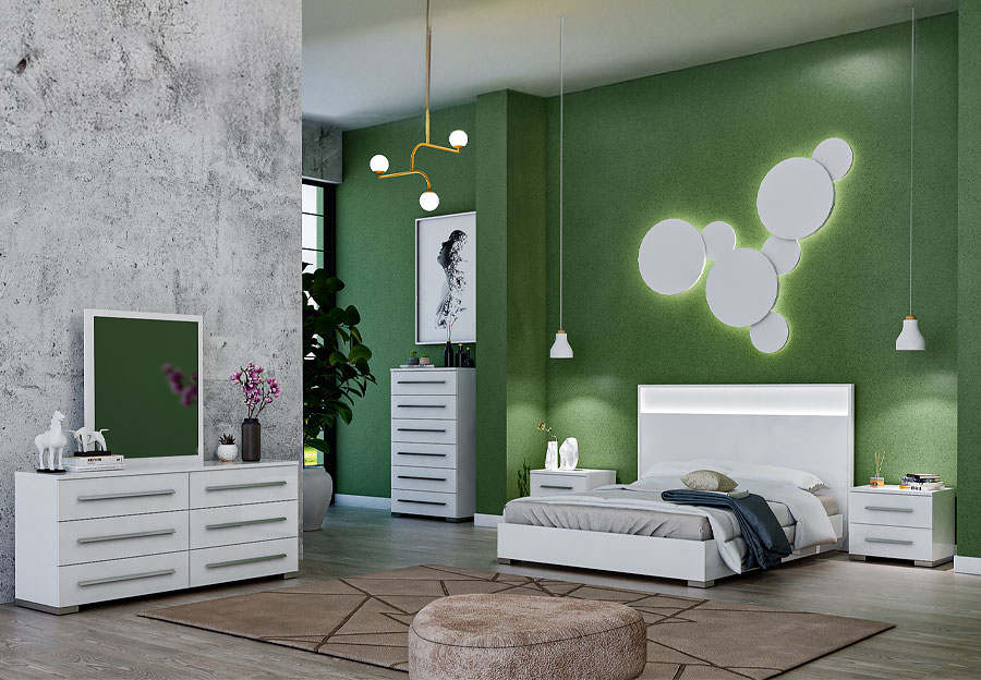 NCA Design Monaco Glossy White Queen Bed, Dresser and Mirror