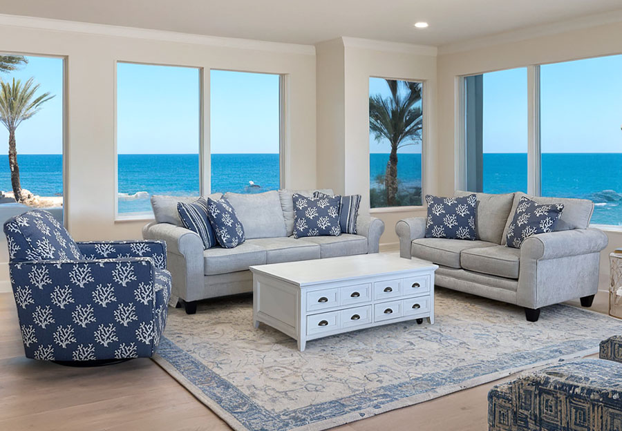 Fusion Wowza Sand Sofa and Loveseat with Coral Sand Navy and Sea Groovy Navy Accent Pillows