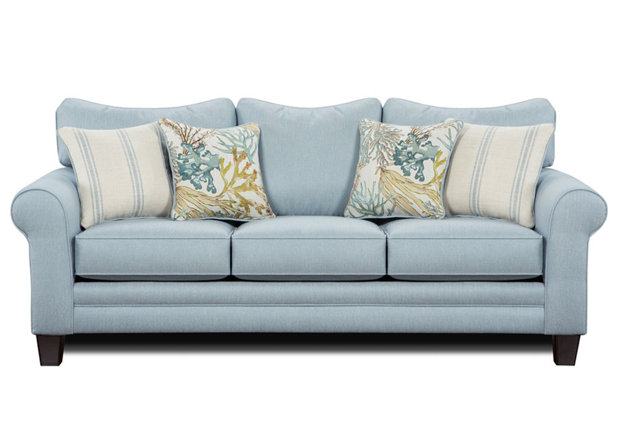 Fusion Starter Sky Sofa with Coral Reef Caribbean and Wakefield Chambry Accent Pillows
