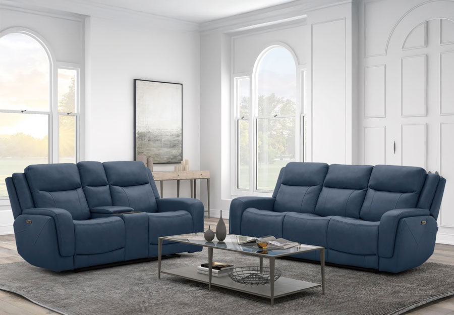 Kuka Zenith Steel Leather Match Dual Power Reclining Sofa and Console Loveseat with Immersive Sound