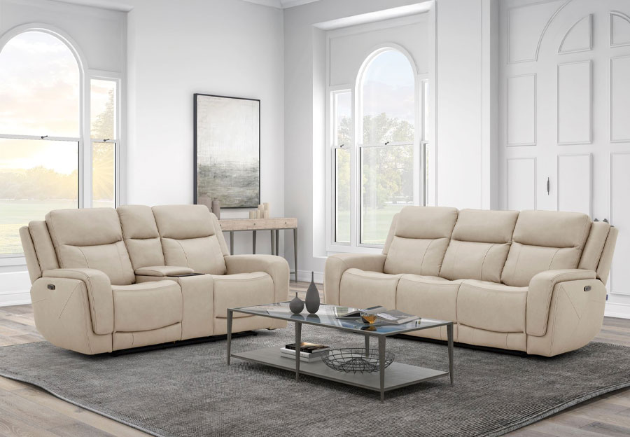 Kuka Zenith Fossil Leather Match Dual Power Reclining Sofa and Console Loveseat with Immersive Sound