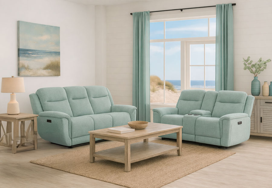 Vogue Baywood Seafoam Dual Power Reclining Sofa and Reclining Console Loveseat