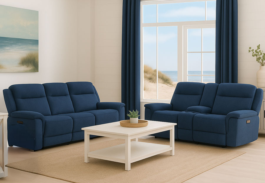 Vogue Baywood Cobalt Dual Power Reclining Sofa and Reclining Console Loveseat