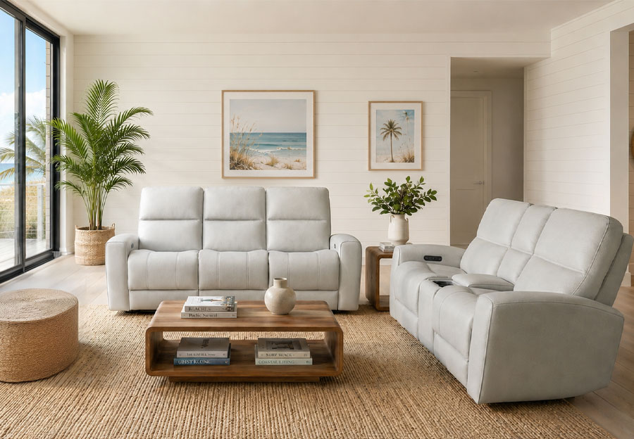 Cheers Shoreline Alabaster Leather Match Triple Zero Power Motion Sofa and Console Loveseat