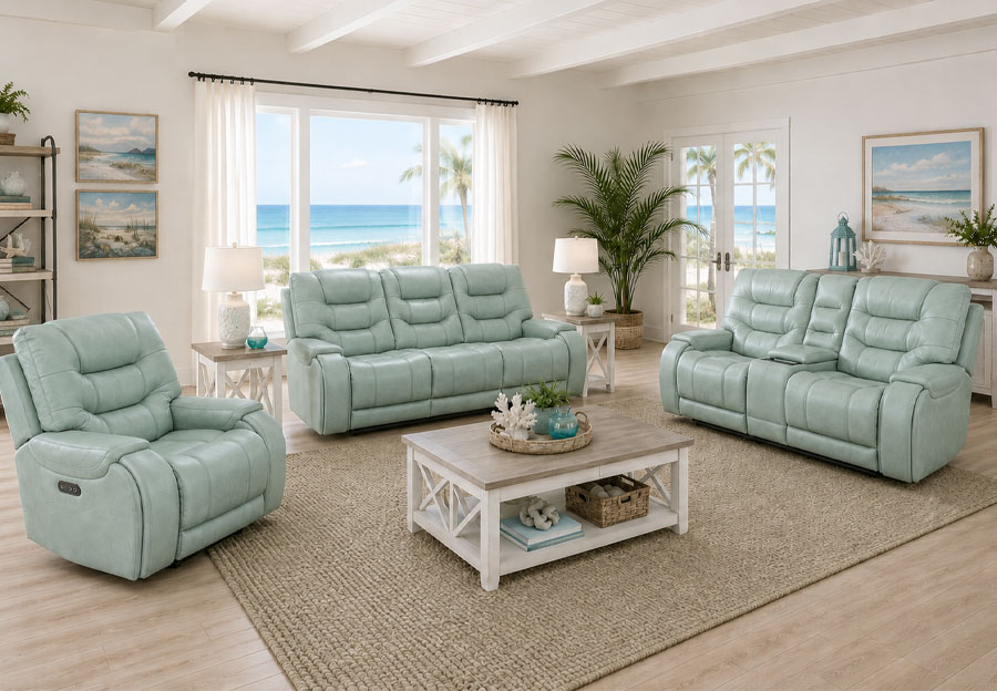 Lifestyle Cayman Aqua Leather Match Manual Reclining Sofa and Console Loveseat
