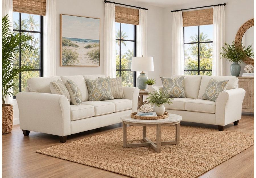 Affordable Giggles Parchment Sofa and Loveseat With Accent Pillows