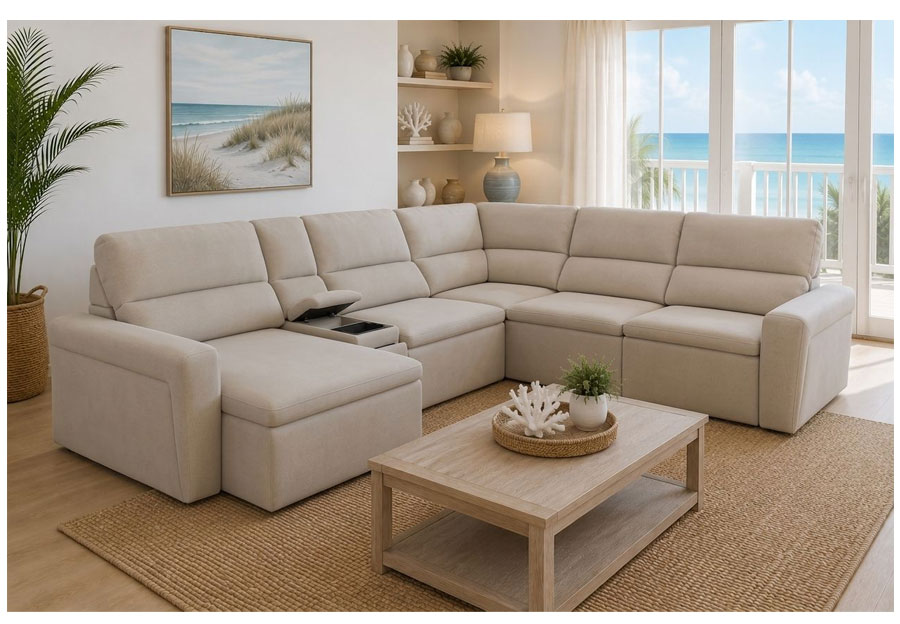 Cheers Bayshore Eggshell Two Power Infinite Left Chaise Sectional With Storage Console