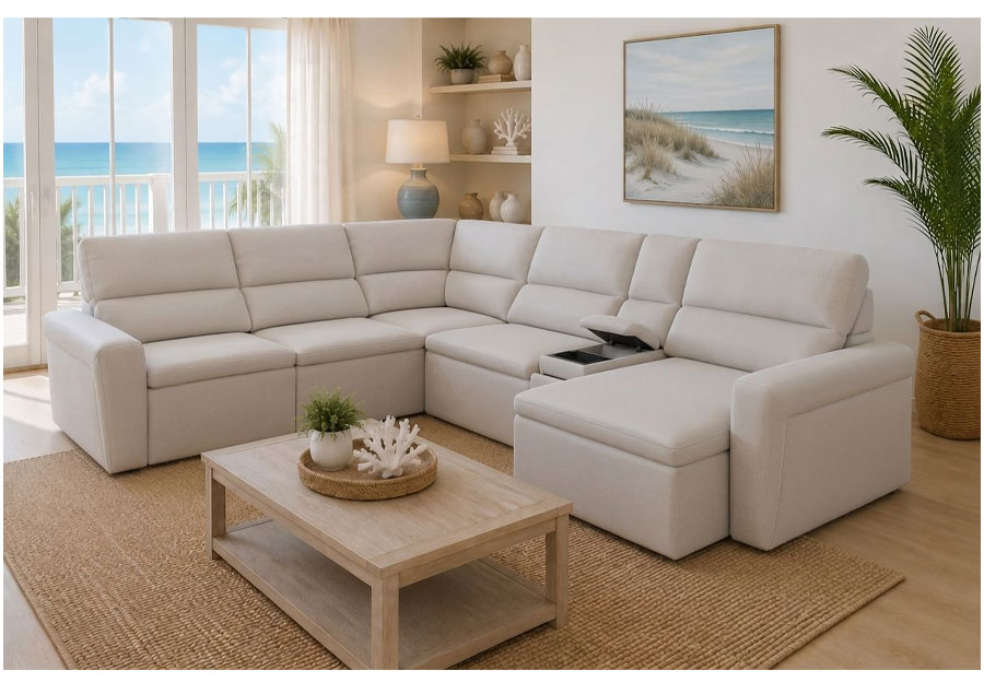 Cheers Bayshore Eggshell Two Power Infinite Right Chaise Sectional With Storage Console 