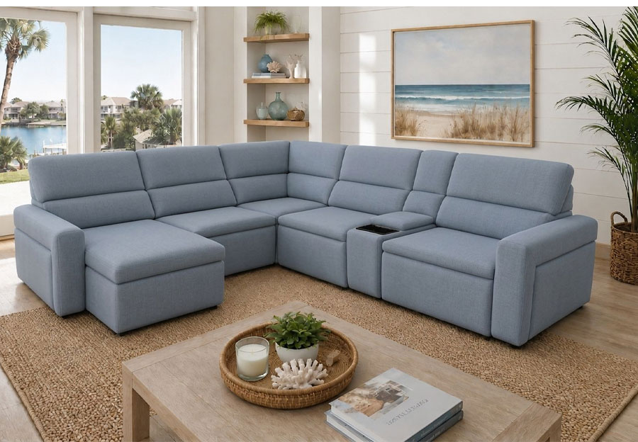 Cheers Bayshore Light Blue Two Power Infinite Left Chaise Sectional With Storage Console