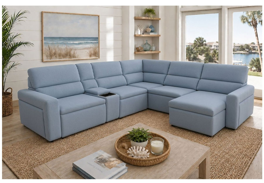 Cheers Bayshore Light Blue Two Power Infinite Right Chaise Sectional With Storage Console