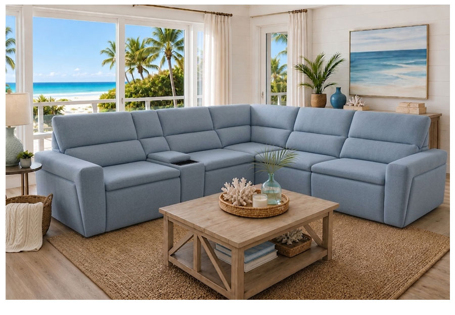 Cheers Bayshore Light Blue Three Power Infinite Sectional With Storage Console