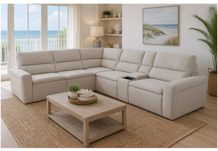 Cheers Bayshore Eggshell Three Power Infinite Sectional With Storage Console