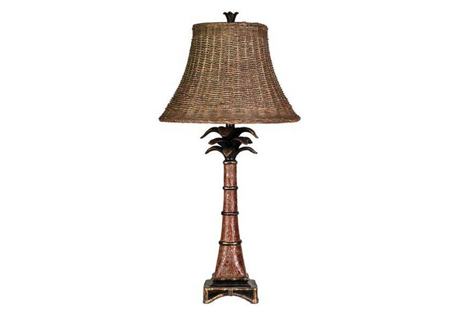 StyleCraft Palm Tree Accent Lamp with Caramel Brown and Woven Rattan Shade